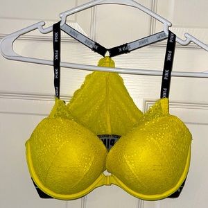 Womens PINK yellow lace bra size 34DD